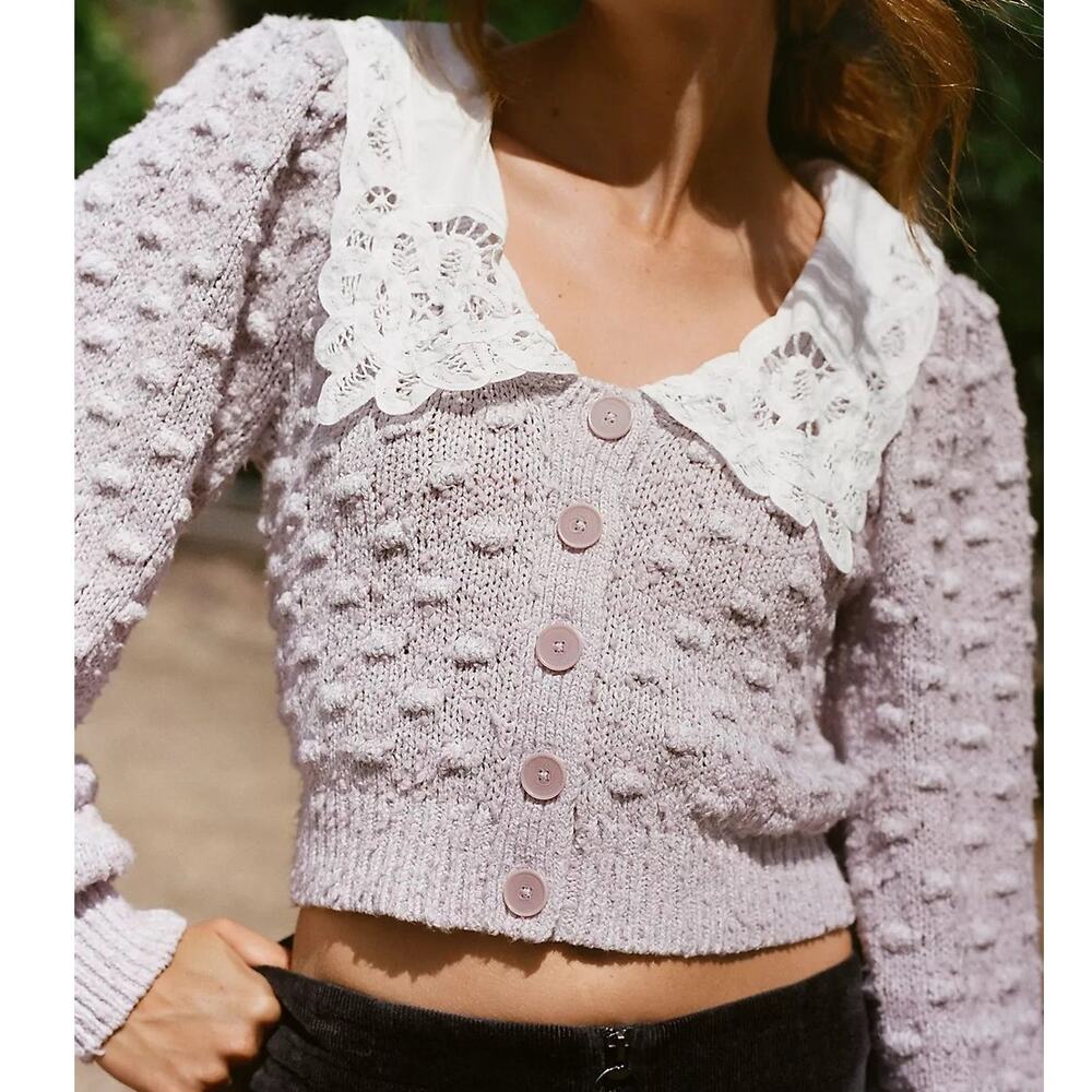 By Anthropologie Balloon Sleeve Collared Cardigan Sweater XS Purple Bobble Knit